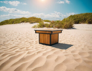 Obraz premium Beach podium summer background sand product 3D sea display platform. Beach podium summer banner stand scene sale sky holiday vacation stage water island sun travel pedestal promotion presentation ad.