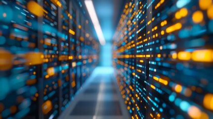 Digital Communication Hub, High-Tech Server Room with Flowing Data Lines in Blue and Yellow Tones