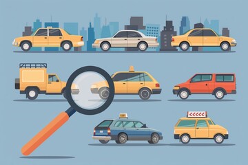 Naklejka premium Various Cars with Magnifying Glass in Urban Illustration