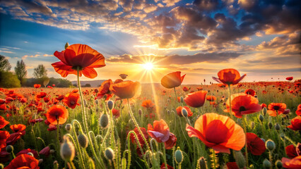 Obraz premium Field of red poppies at sunset