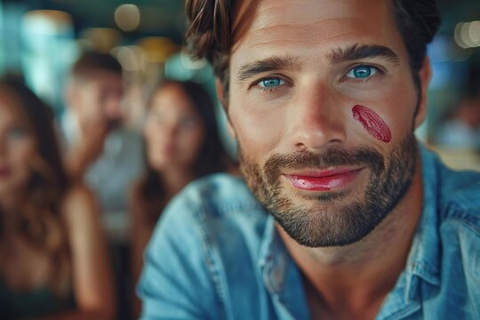 Beautiful man with lipstick kiss marks on his shirt's collar, hinting at a romantic secret in the office.