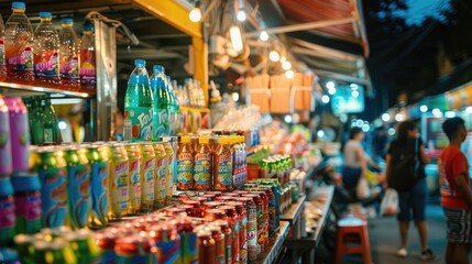 Naklejka premium A night market in Asia, with a focus on stalls selling a variety of canned drinks