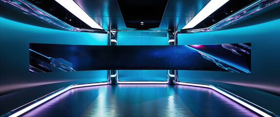 Futuristic empty stage with big horizontal banner for your customized content