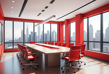 modern conference room large table chairs panoramic windows red accent walls high resolution high details vibrant