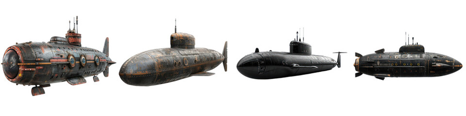Fototapeta premium Collection of various submarine designs showcasing underwater vehicles in a detailed and creative style.