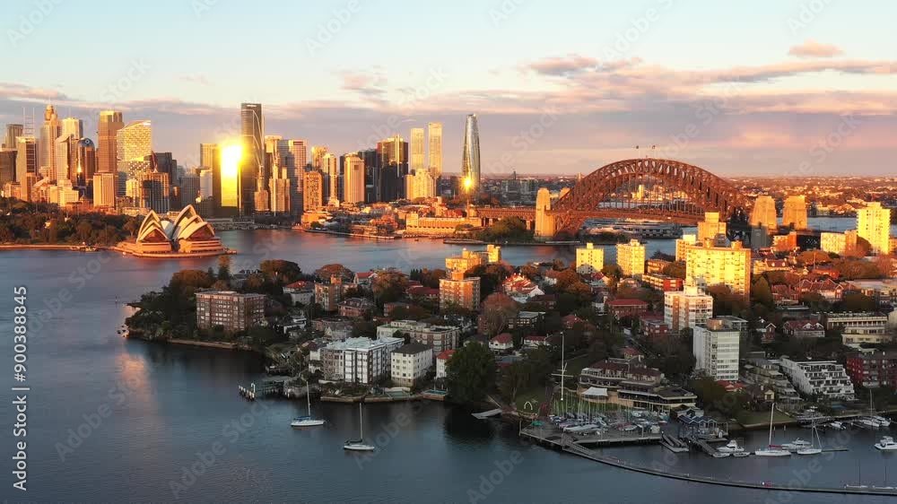 Poster landing scene in sydney city on harbour viewing major landmarks at sunrise 4k.