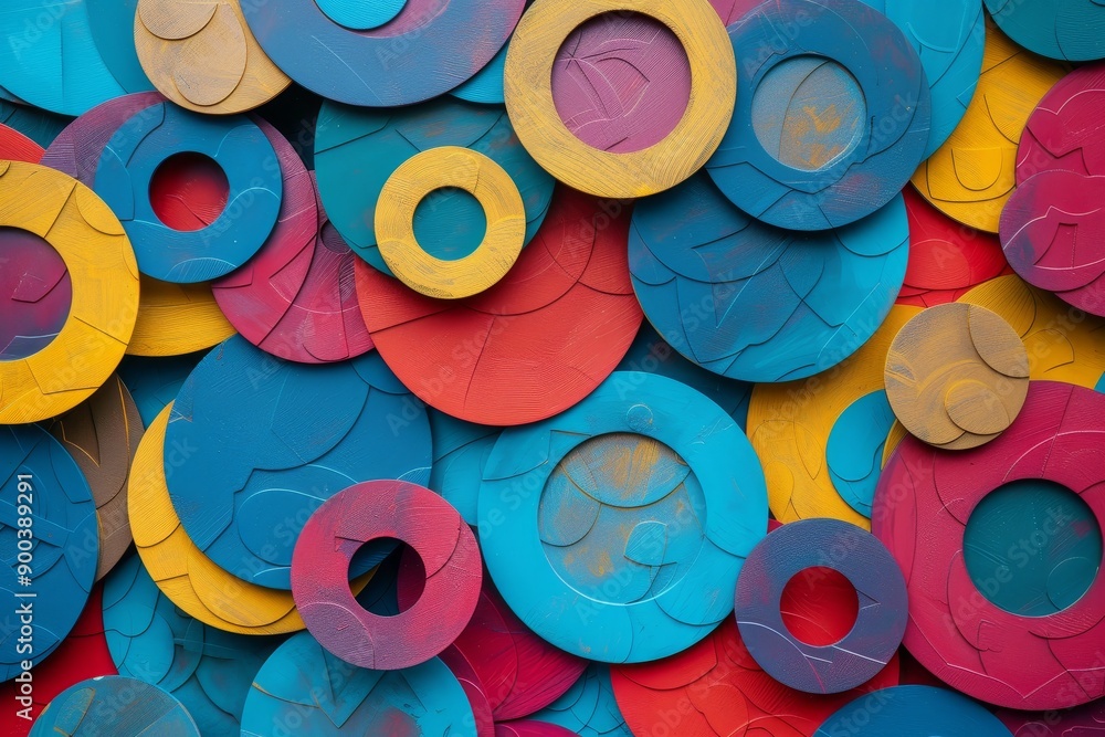 Poster bunch of colorful circles are arranged in pattern, cluster of overlapping circles in various sizes and colors, representing diversity