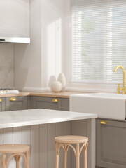 Modern classic Kitchen with Marble Countertop, Focus to space on counter,  Concept for product presentation display. 3D illustration