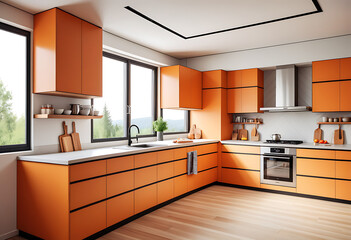 Fototapeta premium stylish home kitchen interior wooden cooking cabinet panoramic window high resolution high details vibrant