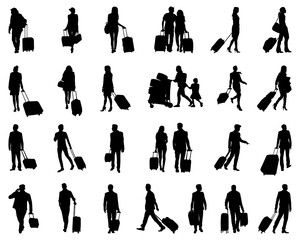 Fototapeta premium Black silhouettes of travelers with suitcases on a white background