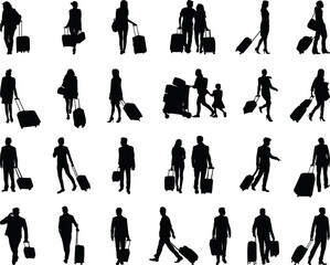 Black silhouettes of travelers with suitcases