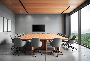 modern conference room wooden table gray office chairs large windows minimalist design gray concrete wall background high resolution high details vibrant