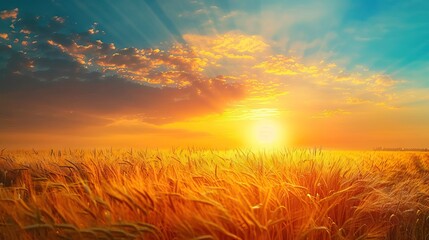 Fototapeta premium Scene of sunset or sunrise on the field with young rye or wheat in the summer with a cloudy sky background. Landscape. AI generated illustration