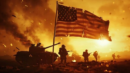 US small flag on burning dark background. Concept of crisis of war and political conflicts between nations. Silhouette of armed soldier against a USA flag. AI generated illustration