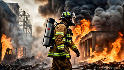 Obraz premium A firefighter in protective gear is running towards an intense blaze, surrounded by smoke and flying sparks. The scene captures the urgency and danger of firefighting in an urban environment. ai