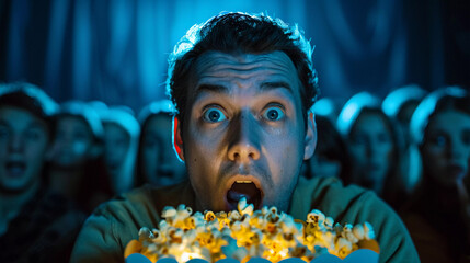 A group of people watching a horror movie in the cinema.