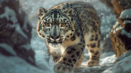 Fototapeta premium snow leopard prowls through a frozen landscape, its piercing eyes scanning the surroundings. This close-up captures the power and beauty of this elusive big cat in its natural habitat.