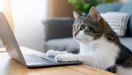 かわいい猫ノートパソコンを使っている。テーブルの上にあるラップトップ。