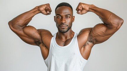 A man in a workout tank top, flexing his muscles against a white background, promoting fitness and strength