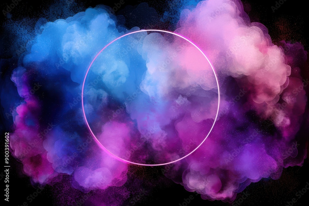 Aufkleber an abstract digital artwork showcasing a circular neon frame surrounded by swirling clouds in vibran