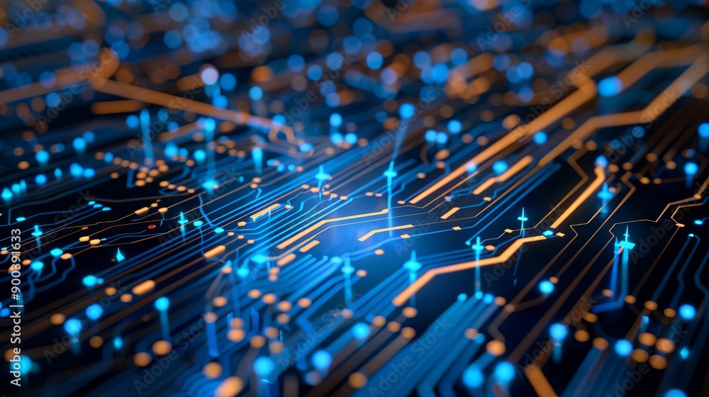 Aufkleber electronic circuitry and data transfer. vivid electrical pathways illuminate a complex motherboard, 