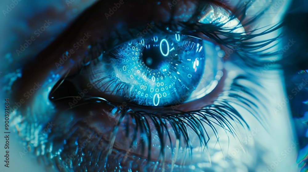 Poster digital eye see binary code. close-up of an eye reflecting glowing ones and zeros, depicting the con