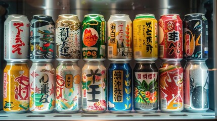 Cans of traditional Japanese drinks neatly arranged in a vending machine