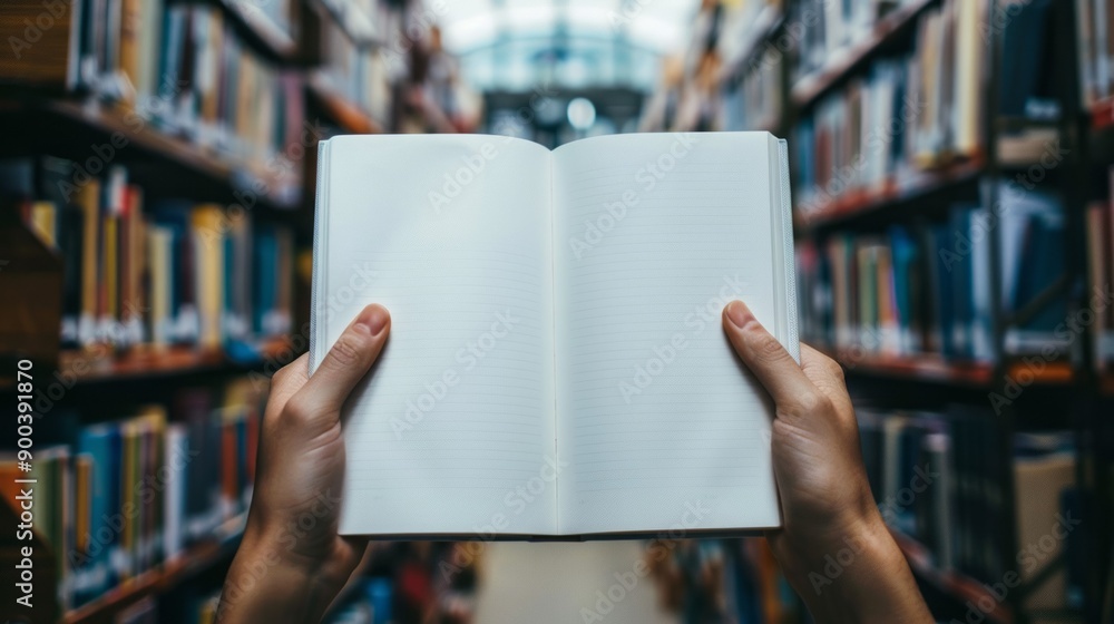 Poster open book in library. hands hold open notebook with blank pages inside a library, perfect for educat