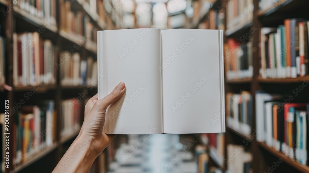 Poster open book library background. hand holding an open book with blank pages inside a library, perfect b