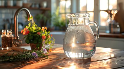 A glass pitcher of fresh water with ice cubes on a marble countertop in a bright, modern kitchen