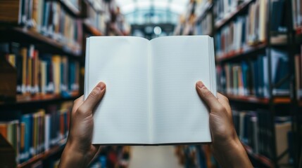 Open book in library. Hands hold open notebook with blank pages inside a library, perfect for education or literature concepts.