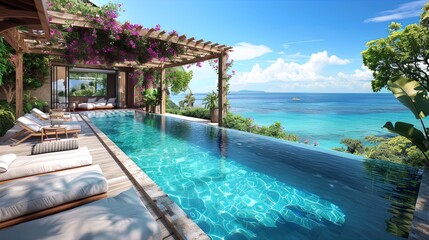 Obraz premium Luxurious Outdoor Pool Area Overlooking a Serene Blue Ocean - Ideal for Travel and Luxury Lifestyle