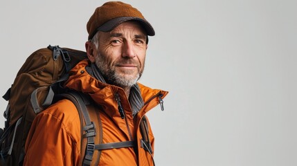 A man in a rugged outdoor outfit, standing confidently against a white background, perfect for an adventurous theme