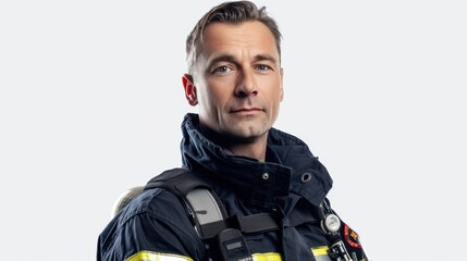 A man in a firefighter's uniform, standing proudly against a white background, representing bravery and service