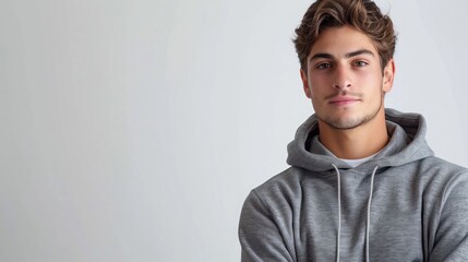 Fototapeta premium A man in a casual hoodie, looking relaxed and approachable against a white background, ideal for lifestyle photography