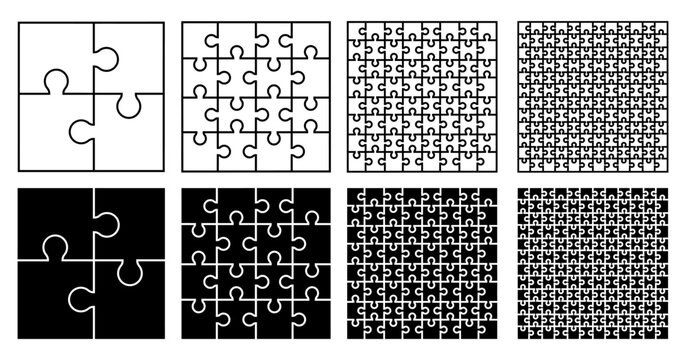 Puzzle pieces set, template puzzle jigsaw isolated, puzzles grid collection
