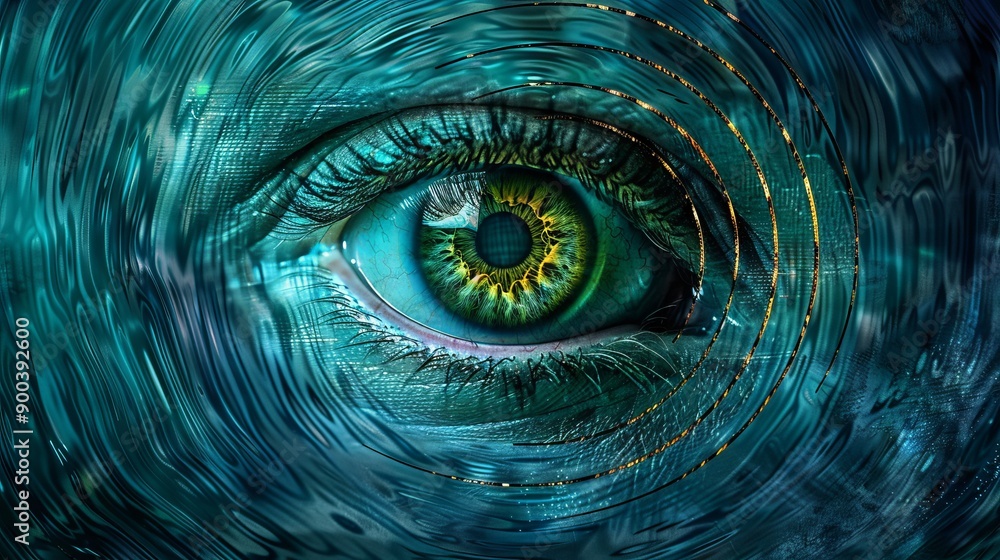 Poster digital visionary. intriguing image of an eye overlayed with digital patterns, conveying concepts of