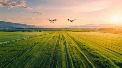 Obraz premium Drones hovering above green fields, capturing data to optimize farming practices and boost productivity