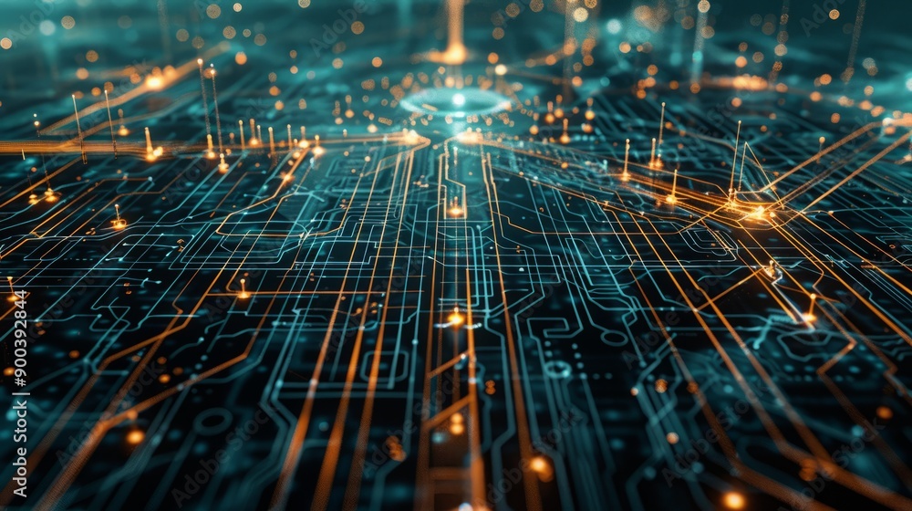 Aufkleber digital circuitry glow. a complex network of digital circuitry illuminated with a vibrant, glowing e