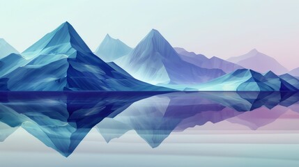 Blue mountain lake reflection. Serene landscape with stylized blue mountains reflected in tranquil waters, conveying peace and tranquility.