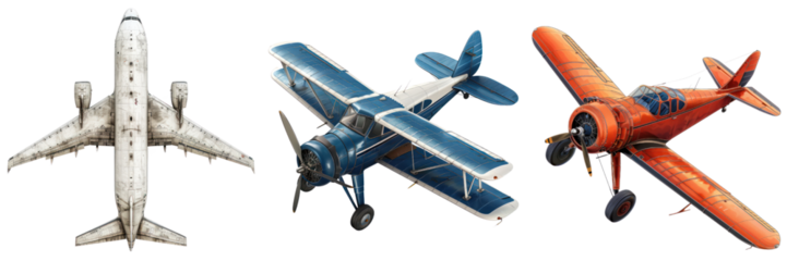 A collection of vintage airplanes showcasing various colors and designs, perfect for aviation enthusiasts and historical themes.