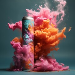 Pink aerosol can with cloud of colored powders stock photo, in the style of light orange and teal, video glitches, high quality photo, colorful explosions, striking composition, psychedelic surrealism