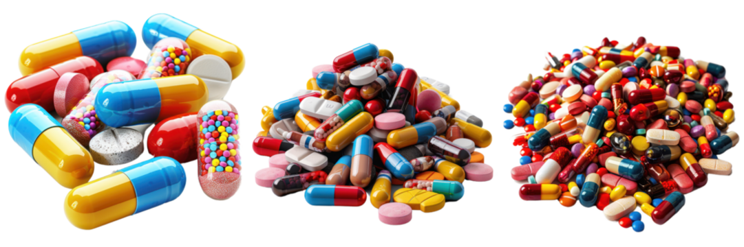 A colorful assortment of various pills and capsules arranged in distinct piles, showcasing a vibrant display of medication.