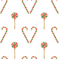 Seamless pattern with striped candy cane. Red and green caramel on white background. New Year design for kids textile, for winter holidays, fabric, wrapping paper, cards, cover.