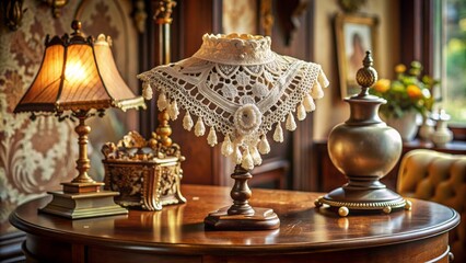 Intricately crafted antique white guipure jabot adorns a velvet pedestal, surrounded by ornate vintage accessories and subtle morning light.