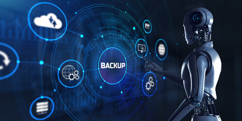 Fototapeta premium Backup data recovery. Robot pressing button on screen 3d render.
