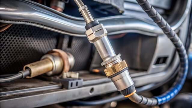Metal oxygen sensor device located in car exhaust system measures remaining oxygen in exhaust gas for workshop repair and replacement.