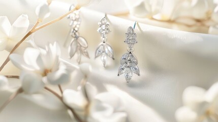 Elegant earrings displayed on a white background with soft light