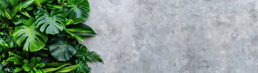 A lush arrangement of vibrant green leaves against a textured gray background, perfect for nature and design themes.