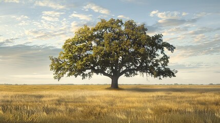 Majestic oak tree in golden field. A sprawling oak stands sentinel in a sun-drenched field, its branches reaching skyward. A tranquil scene of nature's beauty and resilience.